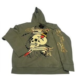 Ed Hardy Men’s Fleece Hoodie Green Skull Death Before Dishonor Size L NWT